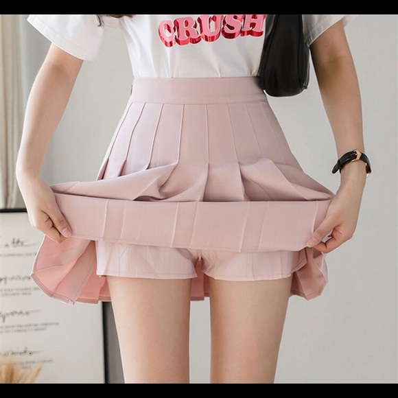 Blush Pink Pleated Mini Skirts Solid Kawaii Skater, A-line High Waist Skirt - Picture 3 of 4